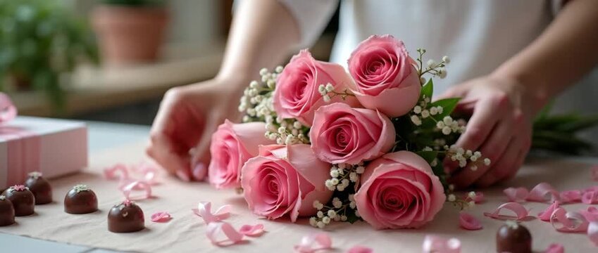 Hands gently arrange a bouquet of pink roses on a table adorned with chocolates and ribbons, while the camera pans slowly in a soft, cinematic style, capturing serene floral elegance.
