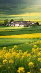 Fototapeta premium Yellow blooms frame village; green hills stretch sunlit.