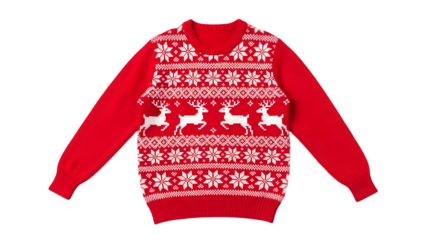 Red christmas sweater with white snowflakes and reindeer isolated on transparent background