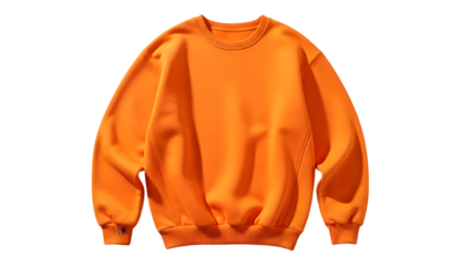 Vibrant orange crew neck sweatshirt with long sleeves isolated on transparent background