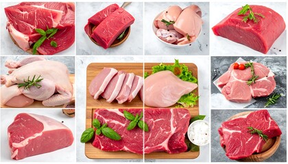 Collage of raw meats beef, chicken, and pork presented on plates and boards. Fresh cuts of protein close-up