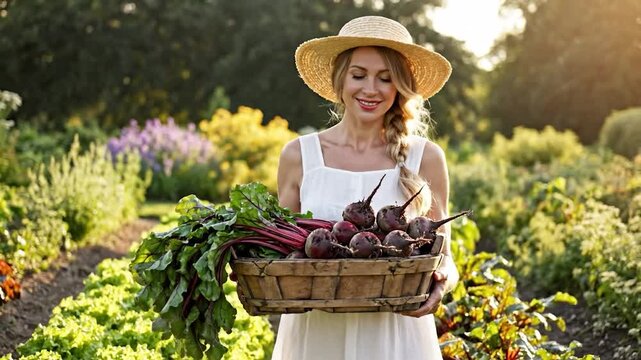 Woman wearing straw hat holding basket of fresh beets in garden