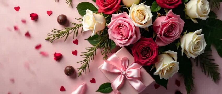 Romantic floral arrangement with roses and gift box on a pastel pink background, petals gently falling, camera slowly panning, creating a serene, cinematic ambiance perfect for Valentine�s Day themes.