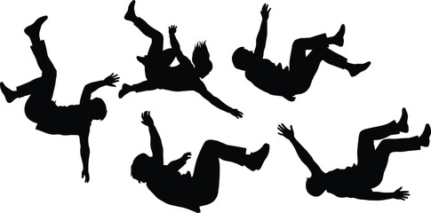 Silhouettes of people falling, tumbling poses, dynamic motion, expressive movement, chaos theme, uncontrolled fall, human posture study, artistic design