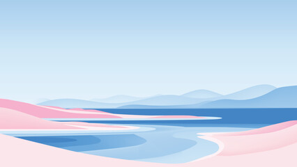 Minimalist peninsula landscape with soft pink dunes, layered blue waters, and hazy mountains under a clear sky © momosama