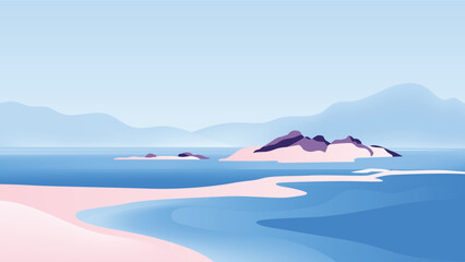 Minimalist solitary island landscape with pale pink sands and deep blue waters against a backdrop of hazy, layered mountains © momosama