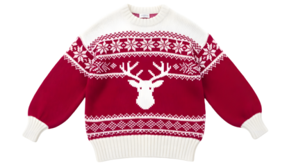 Red and white christmas sweater with reindeer design on front isolated on transparent background