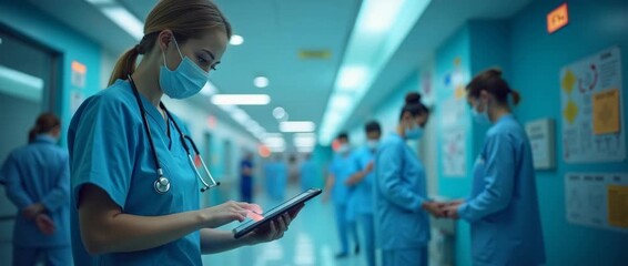 Healthcare professionals in blue scrubs discuss patient data on a digital tablet, with a slow camera pan and gentle ambient lighting, in a modern, cinematic medical setting. - Powered by Adobe