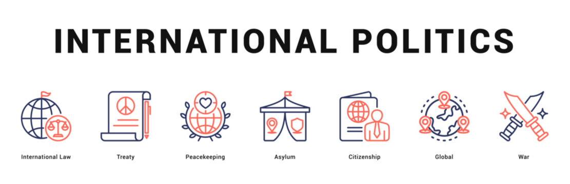 International Politics Modern and clean web banner illustration featuring thematic icons for visual communication
