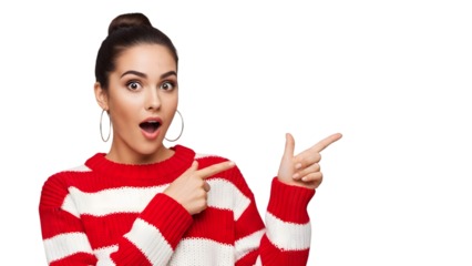 Woman in red and white sweater pointing to the side with a surprised expression isolated on transparent background