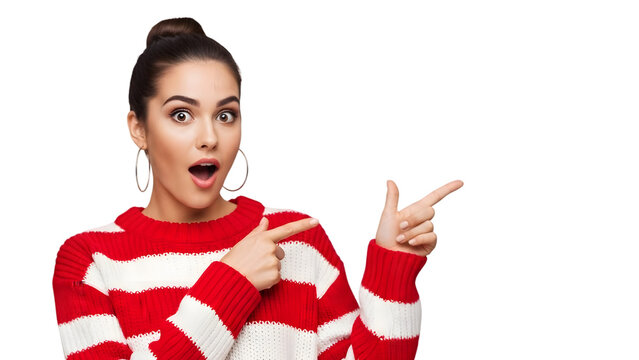 Woman in red and white sweater pointing to the side with a surprised expression isolated on transparent background
