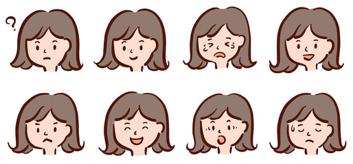 いろんな表情の若い女性の顔　イラストセット