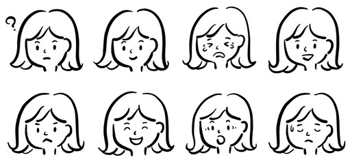 若い女性の顔のイラストセット　線画