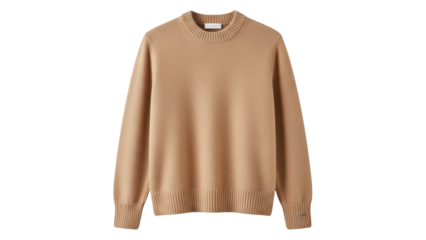 Brown long sleeve sweater with ribbed cuffs and hem on transparent background