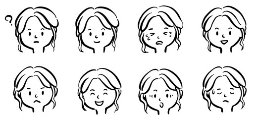若い女性の顔のイラストセット　線画