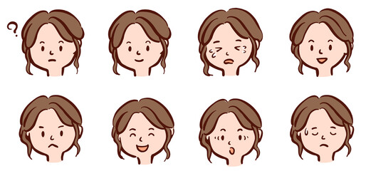 いろんな表情の若い女性の顔　イラストセット