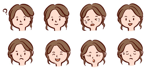 いろんな表情の若い女性の顔　イラストセット