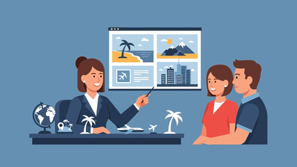 Friendly travel agent helping couple plan their dream vacation with tropical beach, mountain views, and city escapes in a modern travel agency