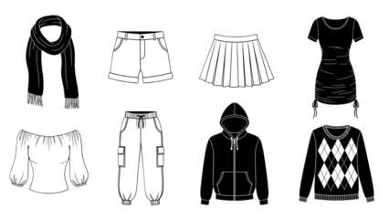 Collection of various clothing items in black and white illustrations on transparent background