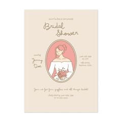 Bridal shower invitation template with a cartoon-style illustration of a bride in a white dress, holding a pink bouquet within a pink and brown oval frame on a pale beige background