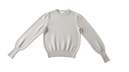 A light gray longsleeved sweater with a crew neck and elasticized cuffs and hem isolated on transparent background