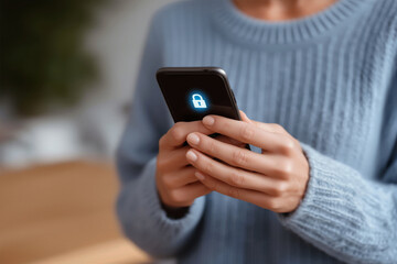 Woman holding smartphone showing digital lock icon