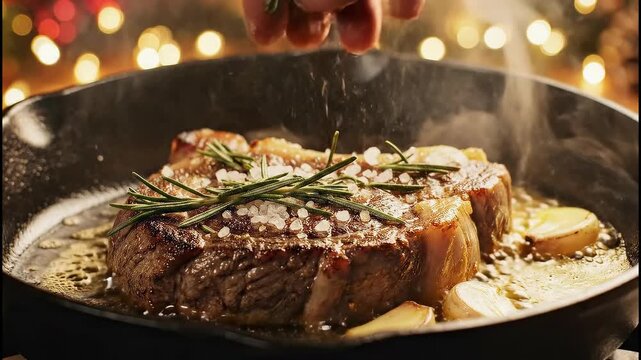 Hand sprinkling fresh rosemary and coarse salt onto a sizzling ribeye steak in a cast iron pan for gourmet cooking concept and holiday dinner preparation