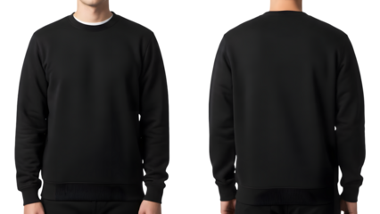 Man wearing black sweatshirt from front and back isolated on transparent background