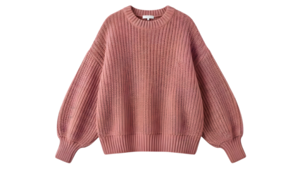 Pink knitted sweater with a crew neck and puffy sleeves made of yarn on transparent background