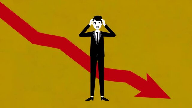 Stressed Businessman Standing in Front of Red Downward Arrow Representing Financial Loss
