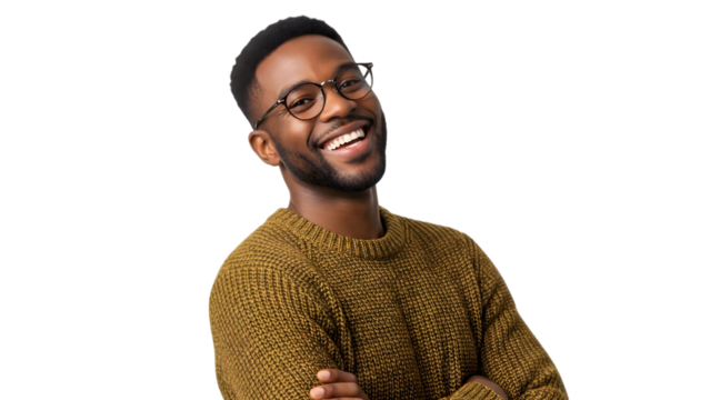 Smiling young african american man wearing glasses and brown sweater isolated on transparent background - Powered by Adobe