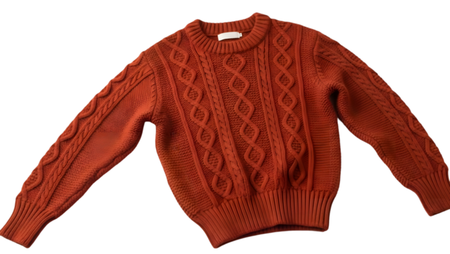 Vibrant orange cable knit sweater with intricate pattern isolated on transparent background - Powered by Adobe