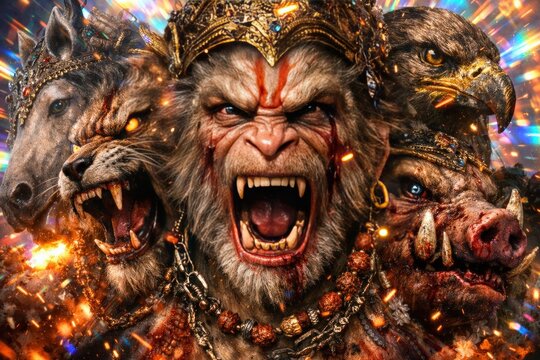 Fierce Monkey God Surrounded by Mythical Beasts in Fiery Cosmic Background