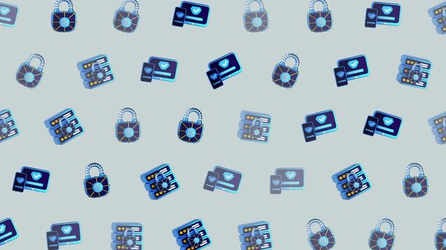 Many locks, cards, and computers on light background. Suitable for cybersecurity, data protection, technology concepts in designs, presentations.