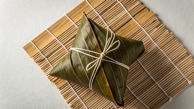Traditional food wrapped in banana leaf tied with string on bamboo mat
