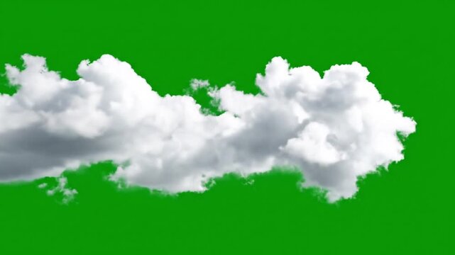 Single white cumulus cloud isolated against a vibrant green screen background for easy compositing effects