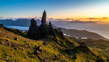 Jagged rocks rise from grassy hills with ocean and sunset in background