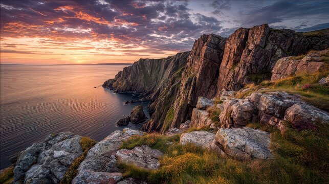 Dramatic Coastal Cliffside Sunset Landscape with Golden Light Reflecting on Water and Wildflowers on Rocks in Cornwall England - Powered by Adobe