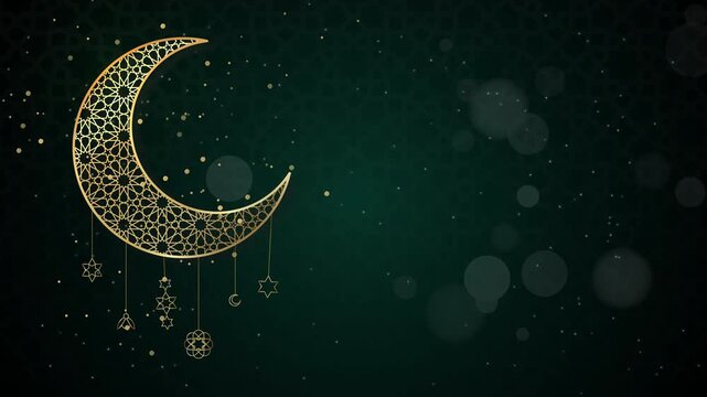 Ramadan kareem animation features a golden crescent moon adorned with hanging star decorations, suitable for festive greeting cards.