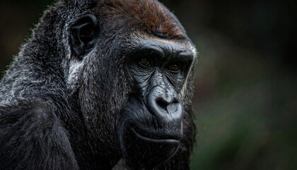 Portrait of a majestic gorilla, with dark fur and thoughtful expression, against a blurred green background