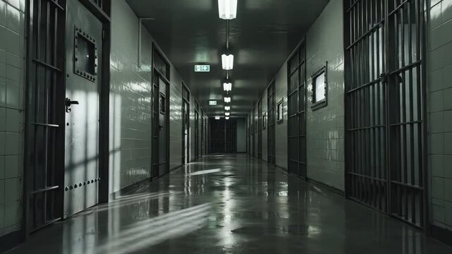 Long, empty prison hallway stretches into the darkness with barred cells on either side creating a sense of confinement and despair.