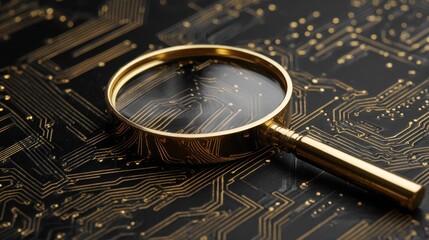 Golden Magnifying Glass Over Complex Gold Circuit Board Pattern On Black Background With Detailed Connections In Bright Lighting