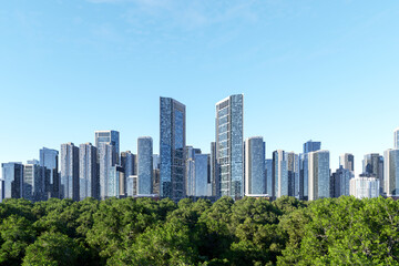Modern city skyline rising behind a lush green forest under clear blue sky, showcasing harmony between urban architecture and nature, clean environment concept, high quality 3d render.