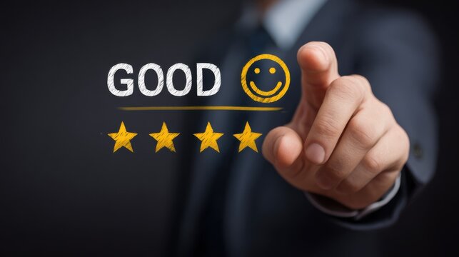 Business hand touching virtual GOOD rating interface with yellow smiley face and four stars on dark background. Customer satisfaction and service quality concept, perfect for feedback, review