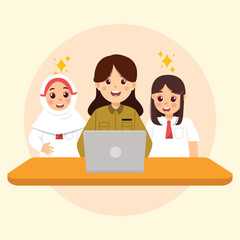 Fototapeta premium Cartoon Illustration of Teacher with Students