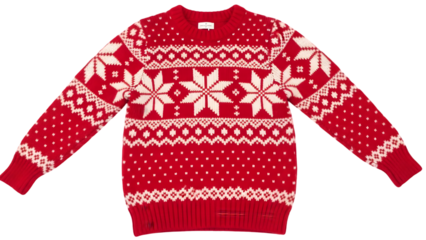 Red christmas sweater with white snowflake patterns isolated on transparent background for holiday season