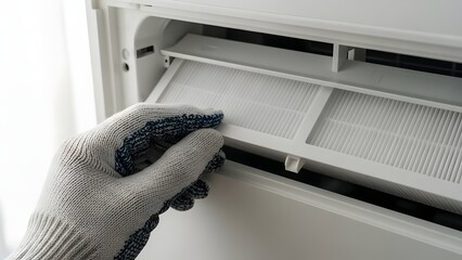 Technician in Gloves Removing Clean Air Filter from Air Conditioning Unit for Maintenance