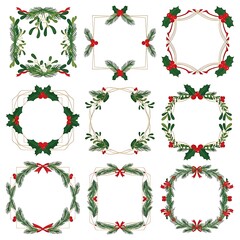 Naklejka premium Christmas Wreath and Frame Collection with Holly Berries and Pine Needles stock