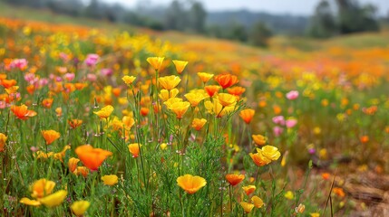 Fototapeta premium Field of Vibrant California Poppies Blooming in Springtime Landscape with Rolling Hills and Sunny Sky Depicting Natural Beauty and Floral Abundance