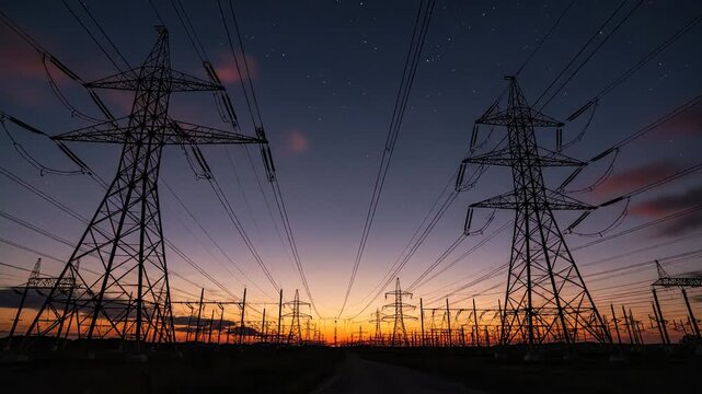 Power lines stretch across the horizon at sunset, conveying energy and industrial infrastructure in a rural landscape, creating a sense of scale and connectivity.